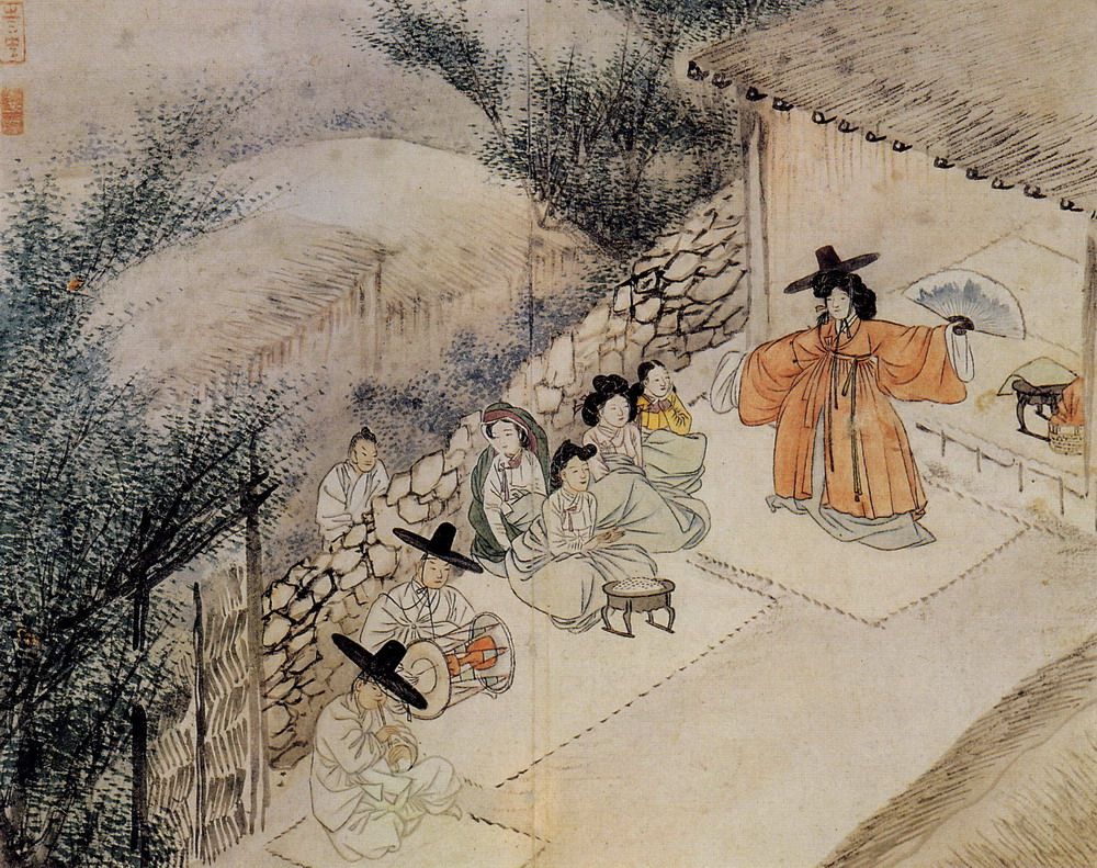 무꾸리 뜻 — 신윤복 「무녀신무」, 무당이 춤추고 굿을 청한 사람이 쌀 소반 앞에서 비는 장면