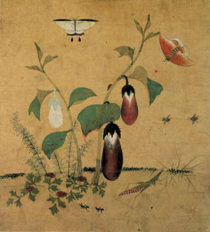 유명인 태몽 — 신사임당 초충도 가운데 가지와 방아깨비 그림
